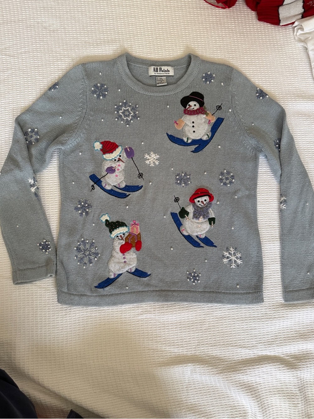 All Points Light Gray Snowman Ski Holiday Sweater